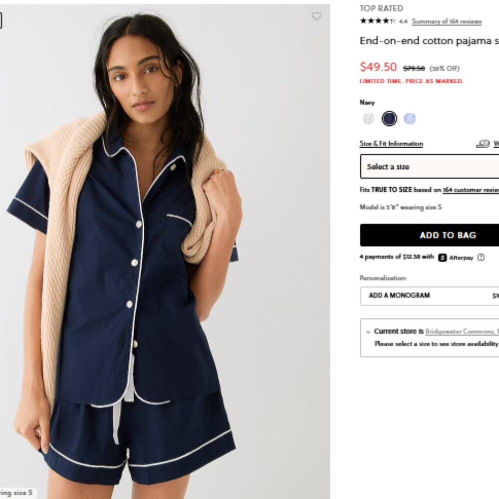 J Crew end-on-end cotton pajama short set, navy with white piping, large
